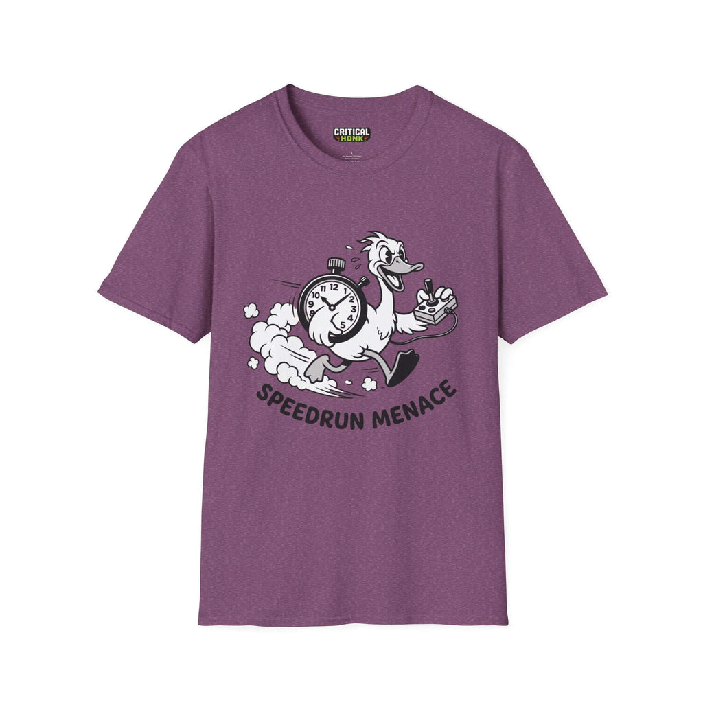 Speedrun menace T-Shirt in Heather Maroon featuring a duck with a clock design, made of 100% ring-spun cotton.