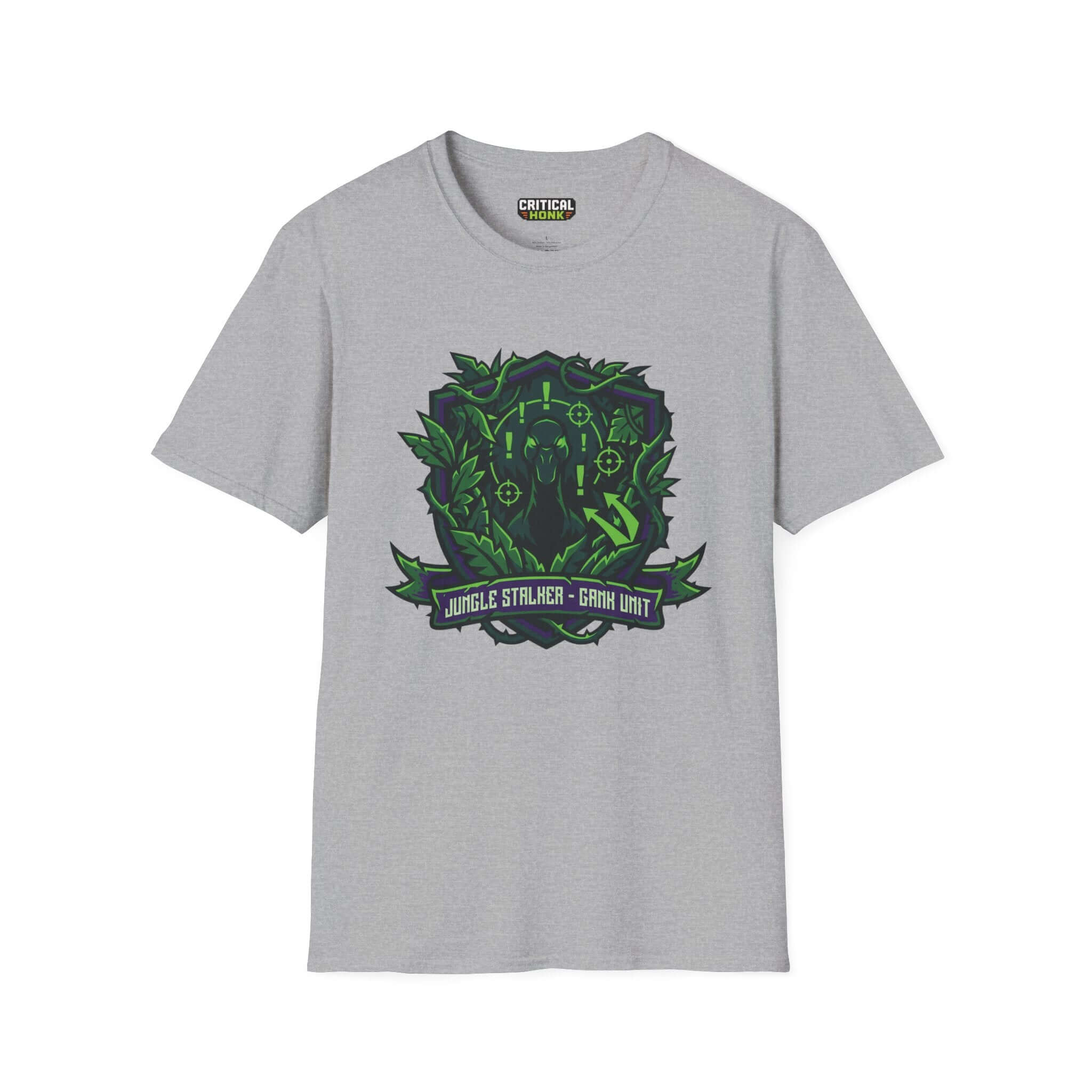 Gank unit T-Shirt in Sport Grey featuring Jungle Stalker design, made from 100% ring-spun cotton, light fabric.