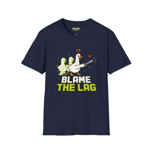Blame the lag T-Shirt featuring a playful design of a duck on navy fabric from Critical Honk Collection.