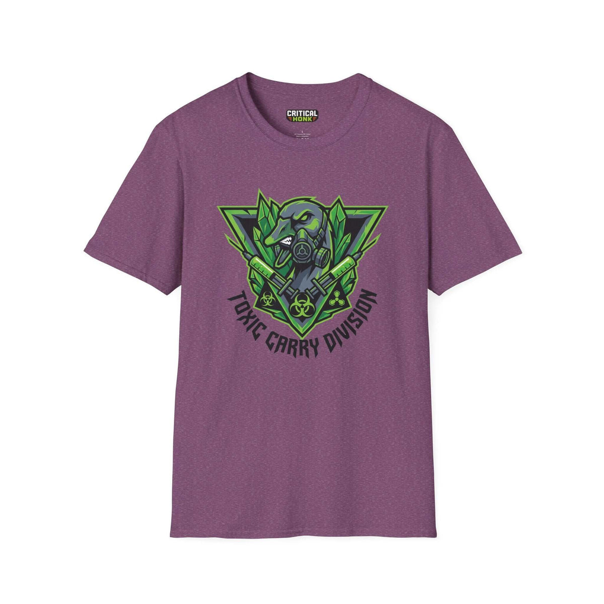 Toxic carry T-Shirt in Heather Maroon featuring a Toxic Carry Division graphic design on a Gildan Softstyle shirt.