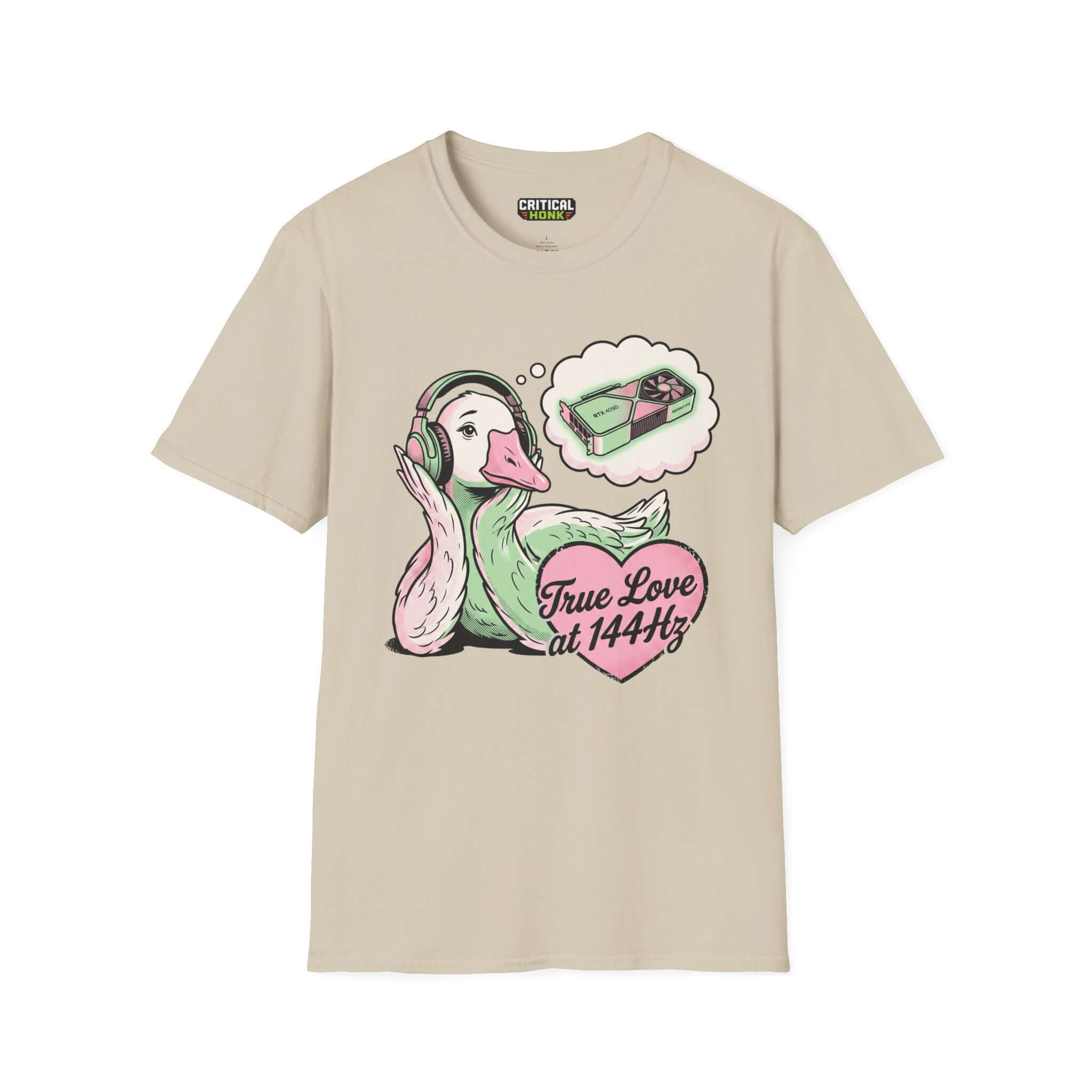 True love T-Shirt featuring a duck with headphones, in sand color from Critical Honk Collection.