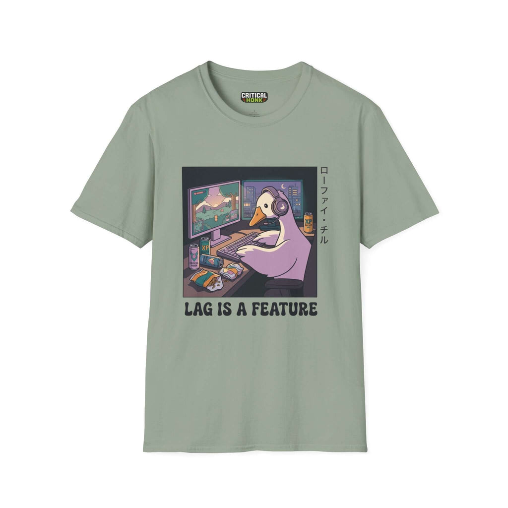 Lag is a feature T-Shirt in sage color with a gaming duck graphic design by Critical Honk.