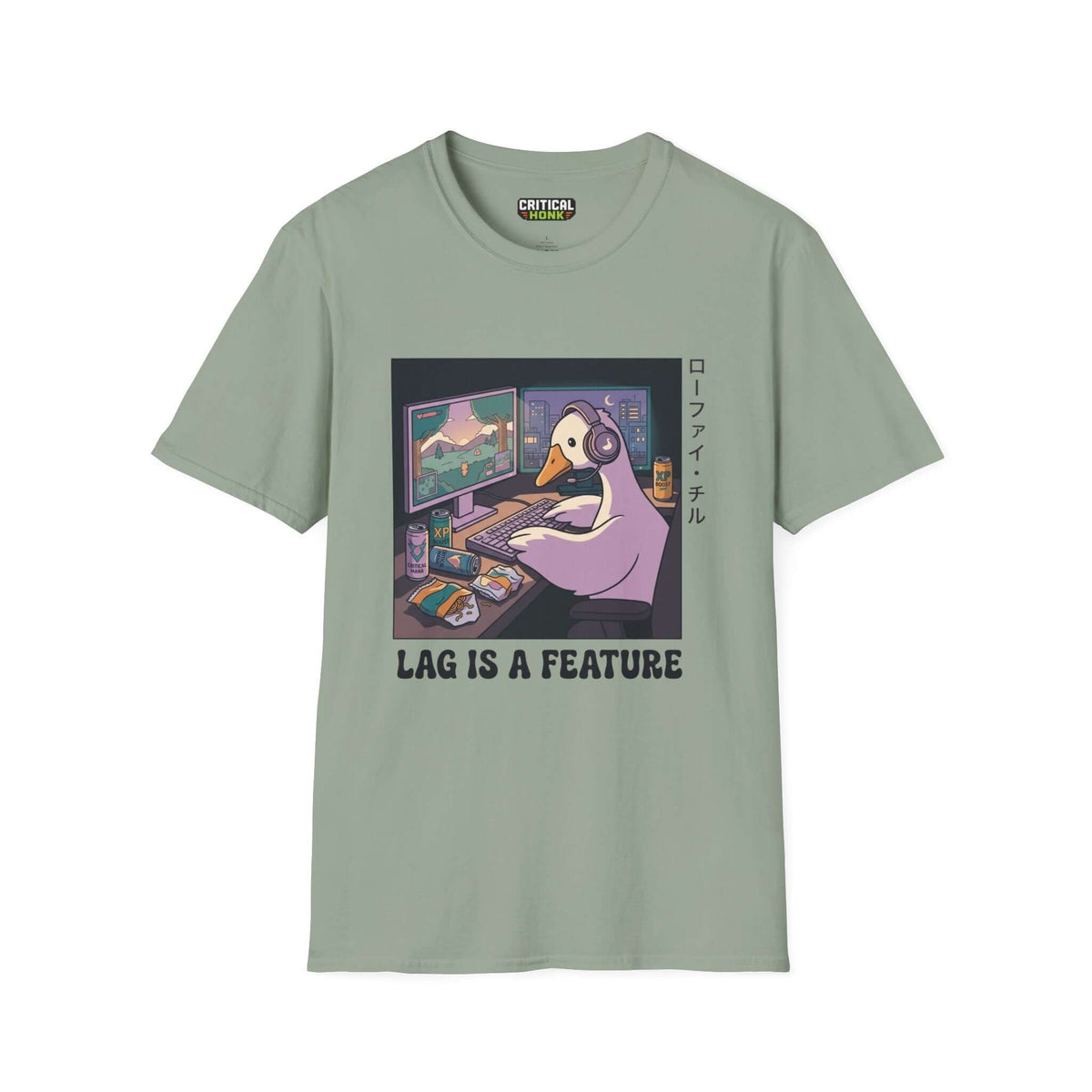 Lag is a feature T-Shirt in sage color with a gaming duck graphic design by Critical Honk.