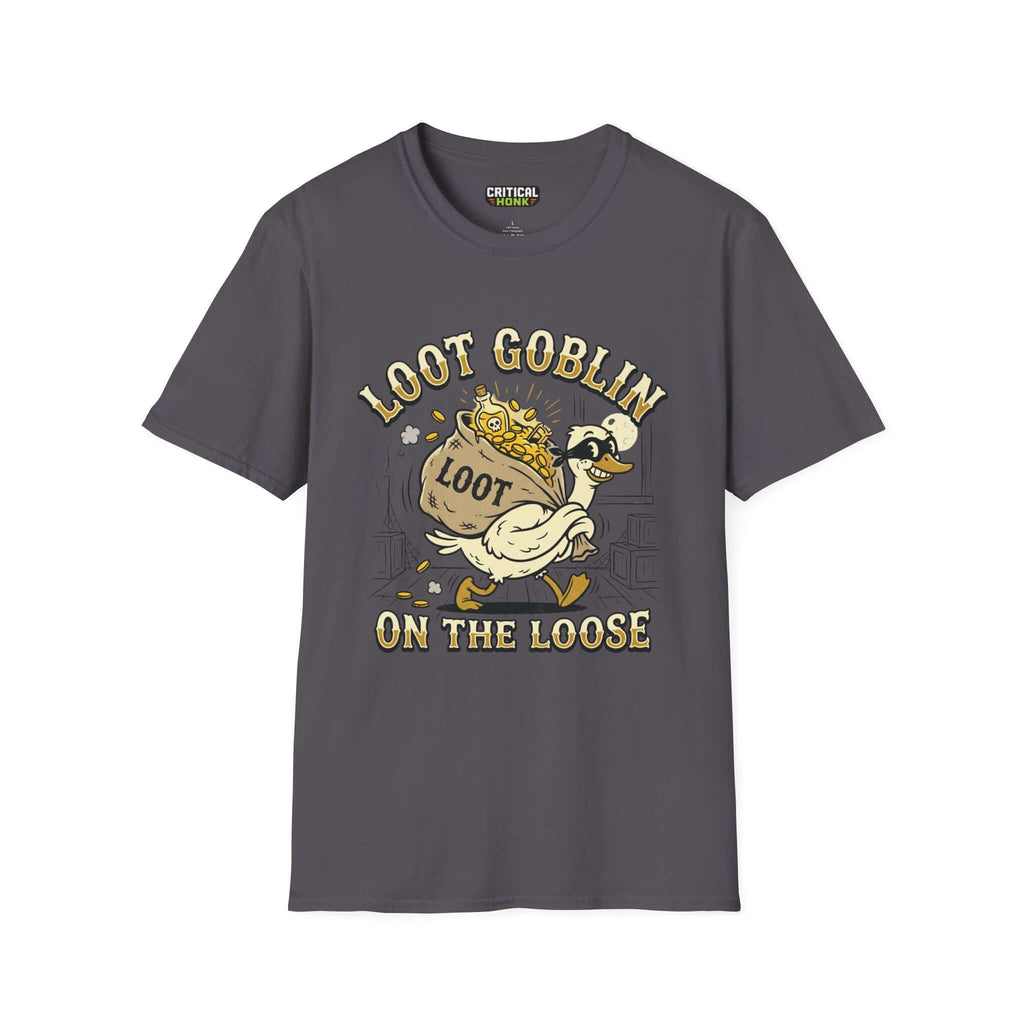 Loot Goblin T-Shirt in charcoal color featuring a playful duck graphic with loot, part of the Critical Honk Collection.
