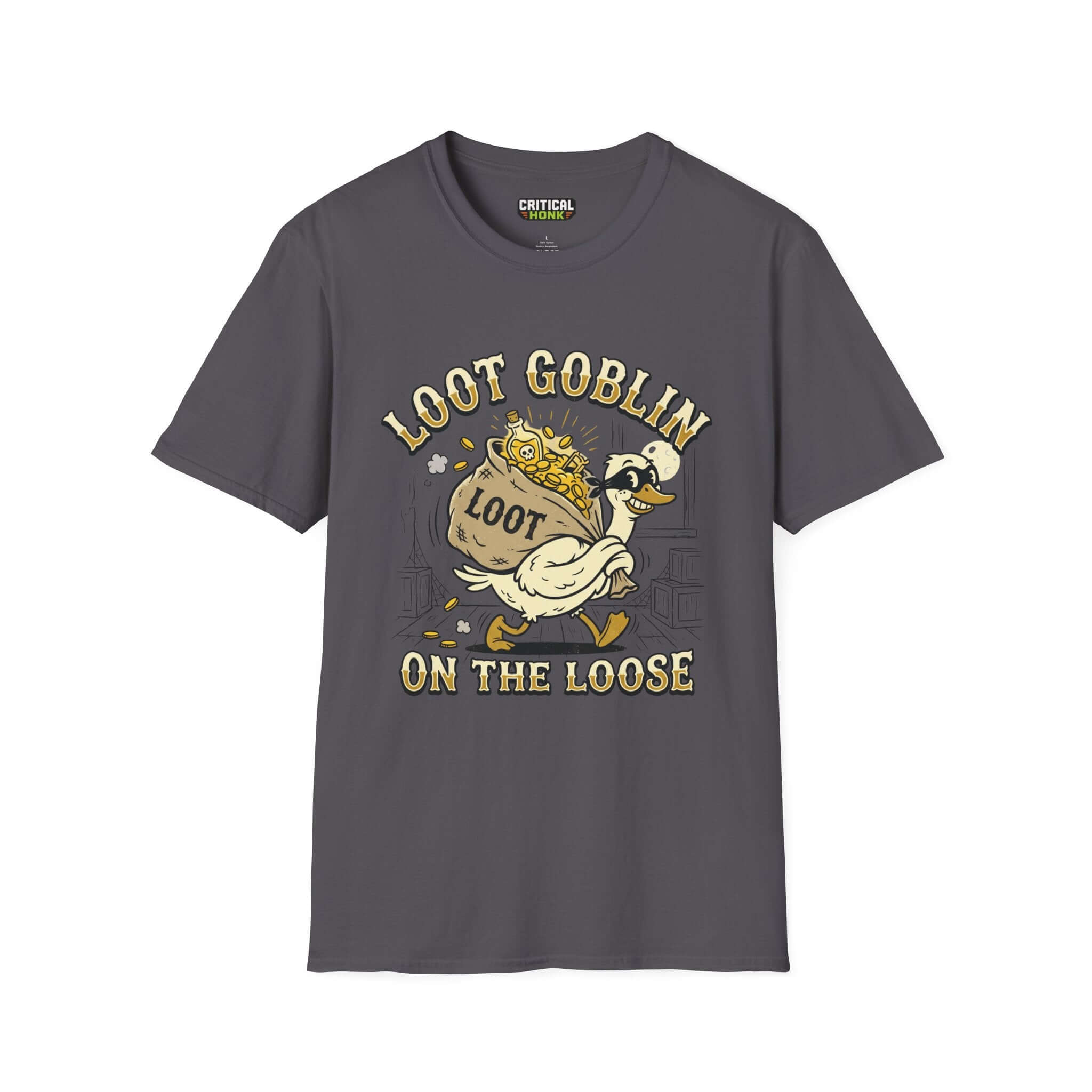 Loot Goblin T-Shirt in charcoal color featuring a playful duck graphic with loot, part of the Critical Honk Collection.