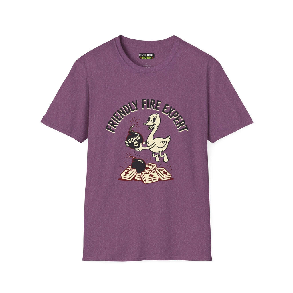 Friendly Fire T-Shirt in Heather Maroon, Gildan Softstyle unisex fit with playful duck graphic.