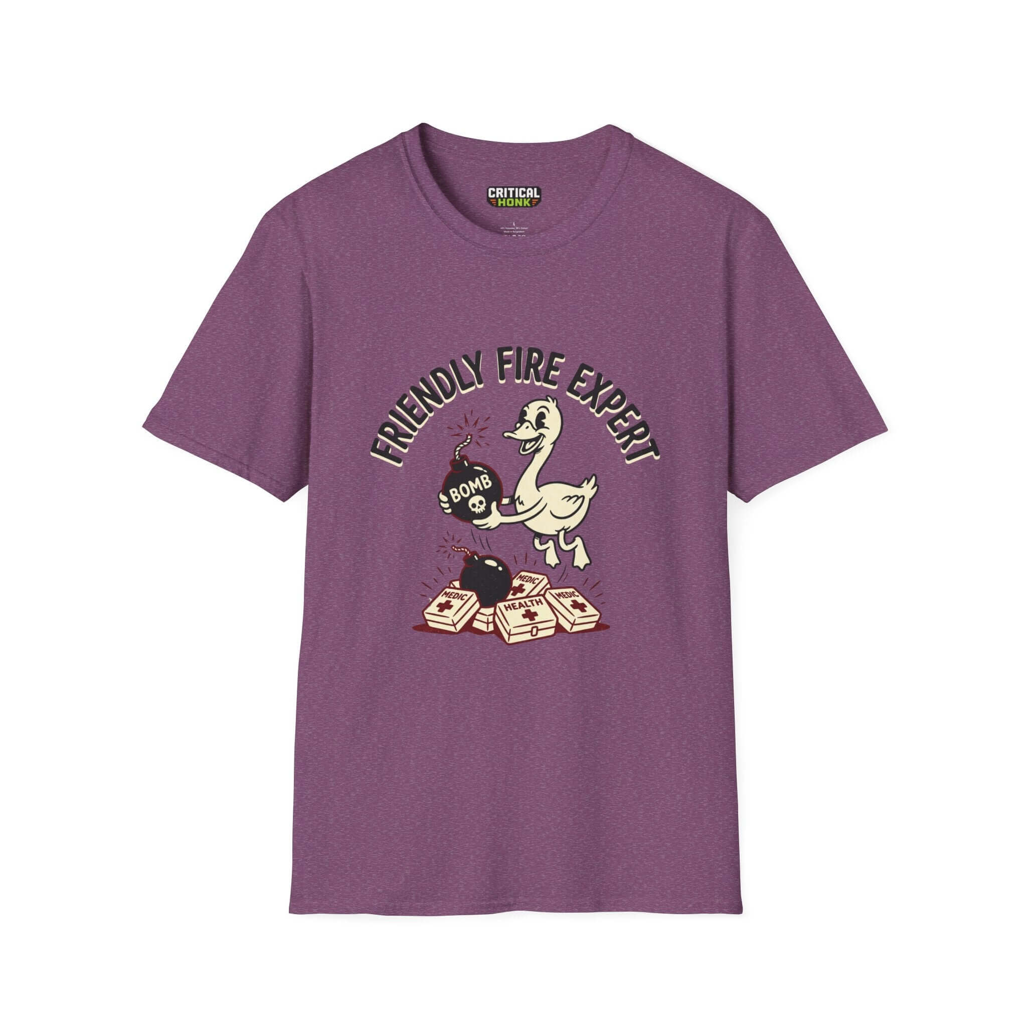 Friendly Fire T-Shirt in Heather Maroon, Gildan Softstyle unisex fit with playful duck graphic.