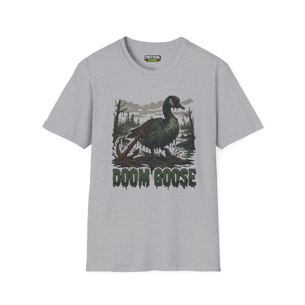Doom goose T-Shirt in sport grey featuring a chaotic design perfect for gamers, made of soft ring-spun cotton.