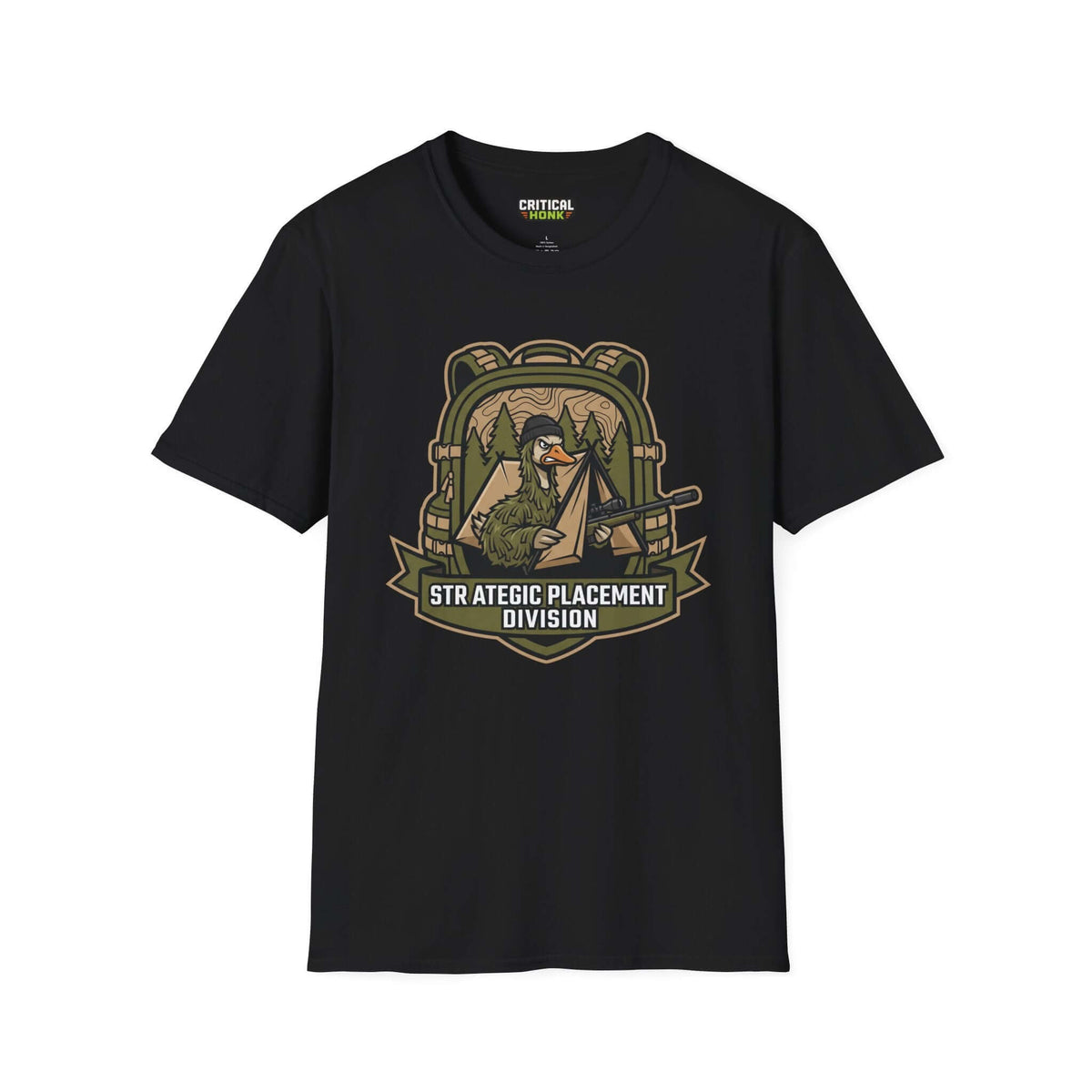 Strategic division T-Shirt featuring a duck design on a black Gildan Softstyle shirt, perfect for casual wear.