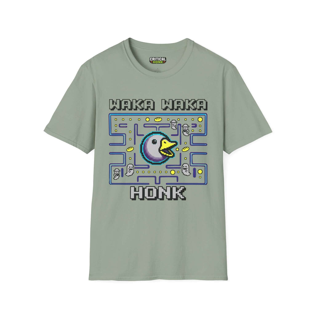 Waka waka honk T-Shirt in sage color featuring pixel art design, made from 100% ring-spun cotton by Chaos Inspired Apparel.