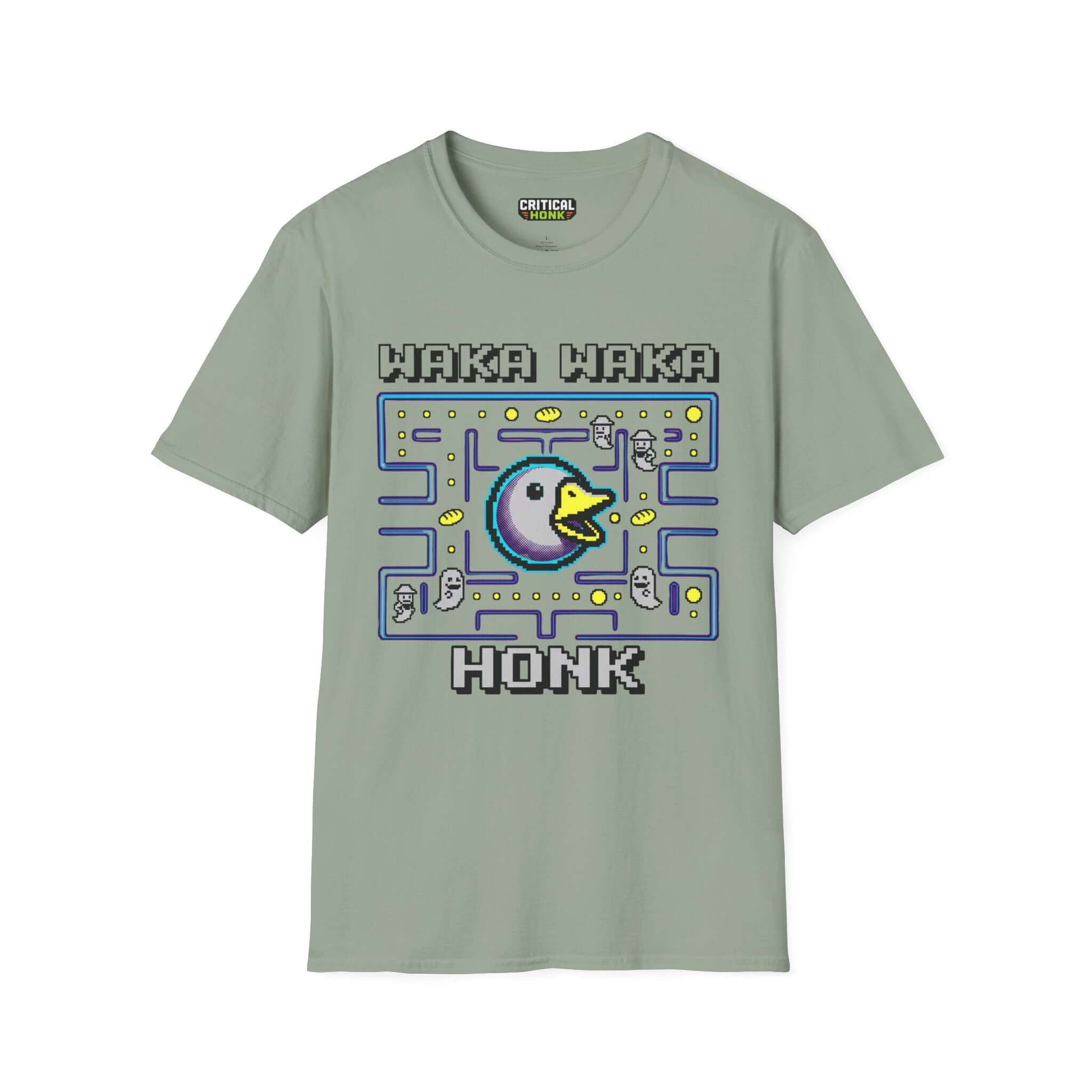 Waka waka honk T-Shirt in sage color featuring pixel art design, made from 100% ring-spun cotton by Chaos Inspired Apparel.