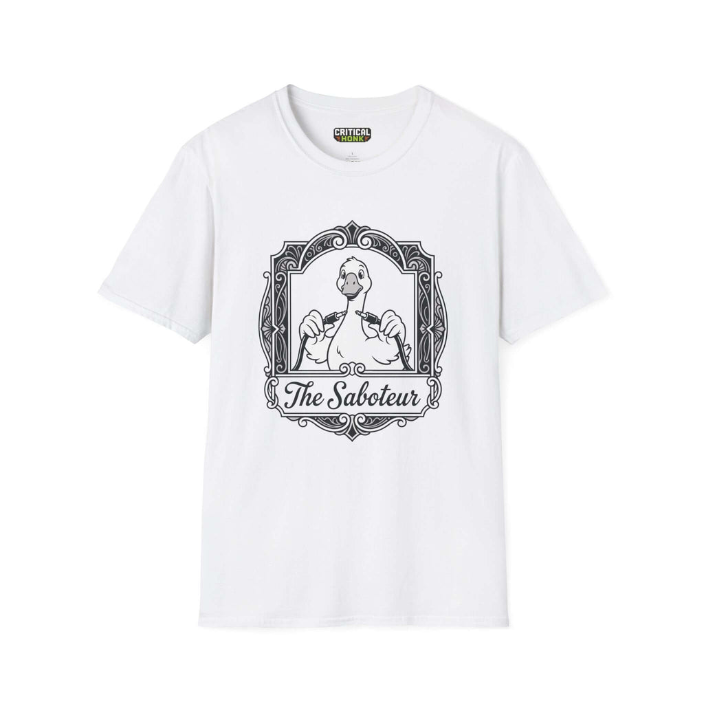 The saboteur T-Shirt on a white background featuring a unique design by Critical Honk, perfect for casual wear.