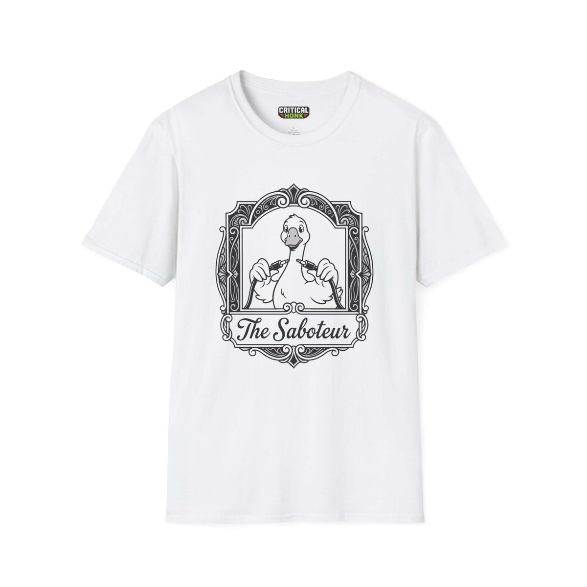 The saboteur T-Shirt on a white background featuring a unique design by Critical Honk, perfect for casual wear.