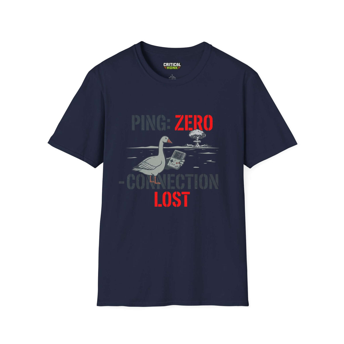 Ping zero T-Shirt featuring a navy unisex fit design with a humorous graphic and text about connection loss.