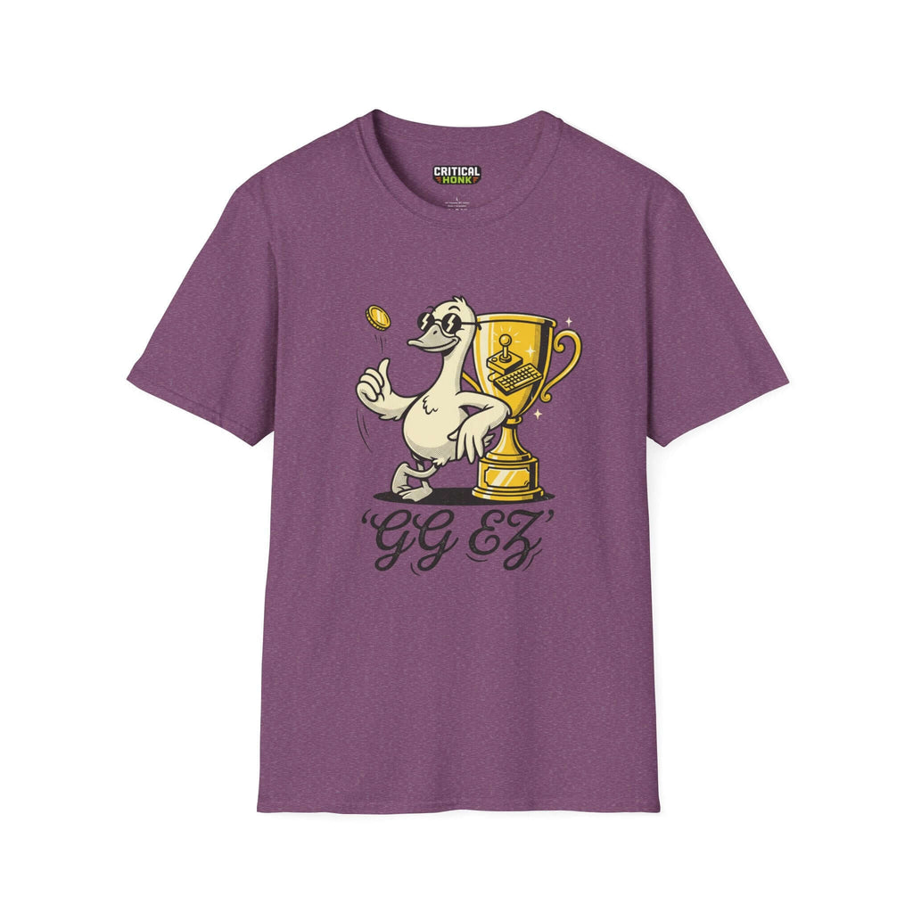 Ggez T-Shirt in Heather Maroon featuring a duck and trophy graphic, perfect for gaming enthusiasts.