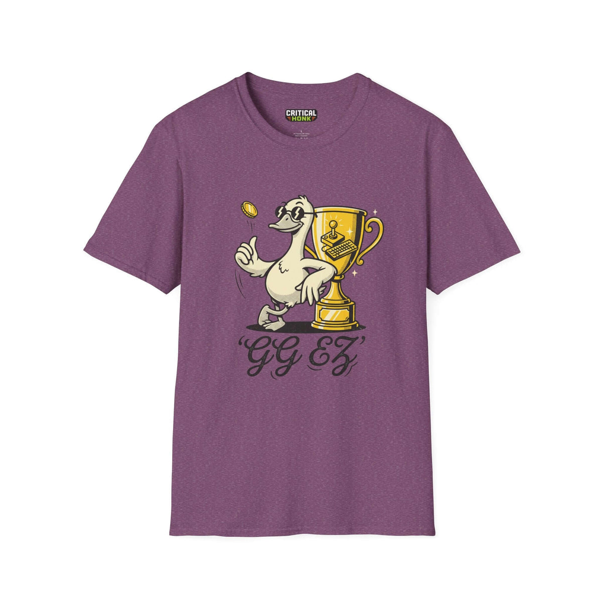 Ggez T-Shirt in Heather Maroon featuring a duck and trophy graphic, perfect for gaming enthusiasts.