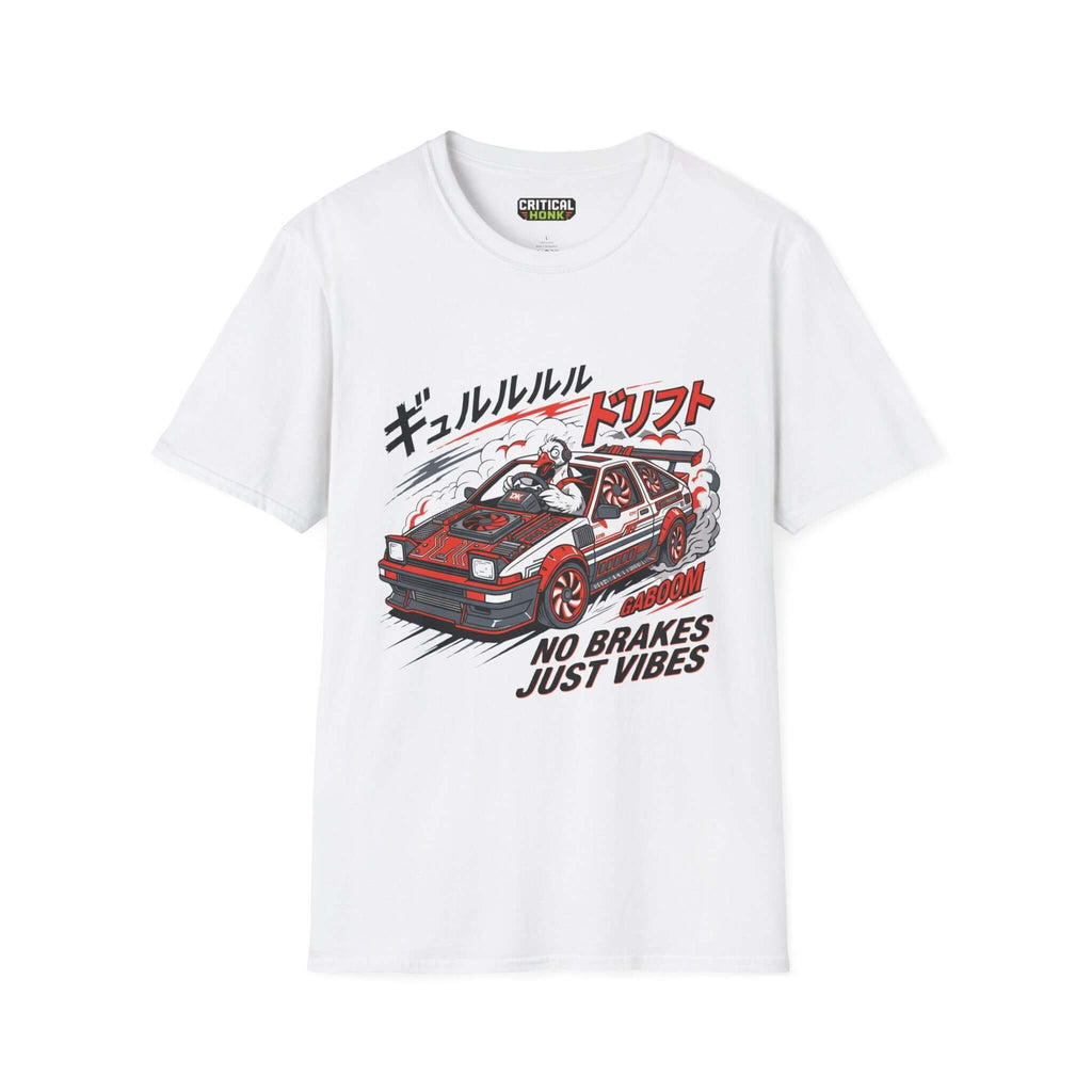 No brakes T-Shirt featuring a racing graphic on a white Gildan Softstyle fabric.