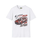 No brakes T-Shirt featuring a racing graphic on a white Gildan Softstyle fabric.
