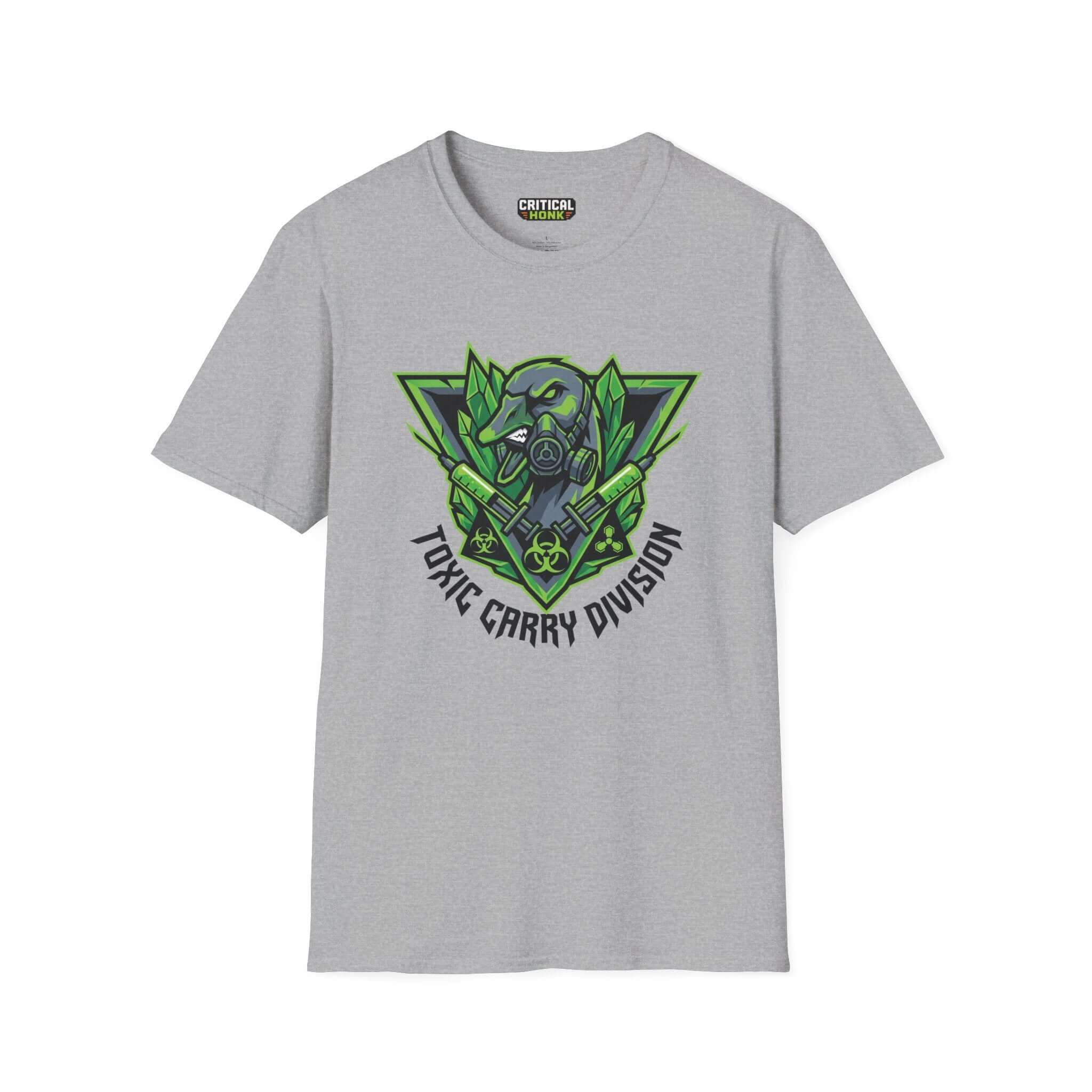 Toxic carry T-Shirt in sport grey color featuring a bold graphic design and unisex fit from the Critical Honk collection.