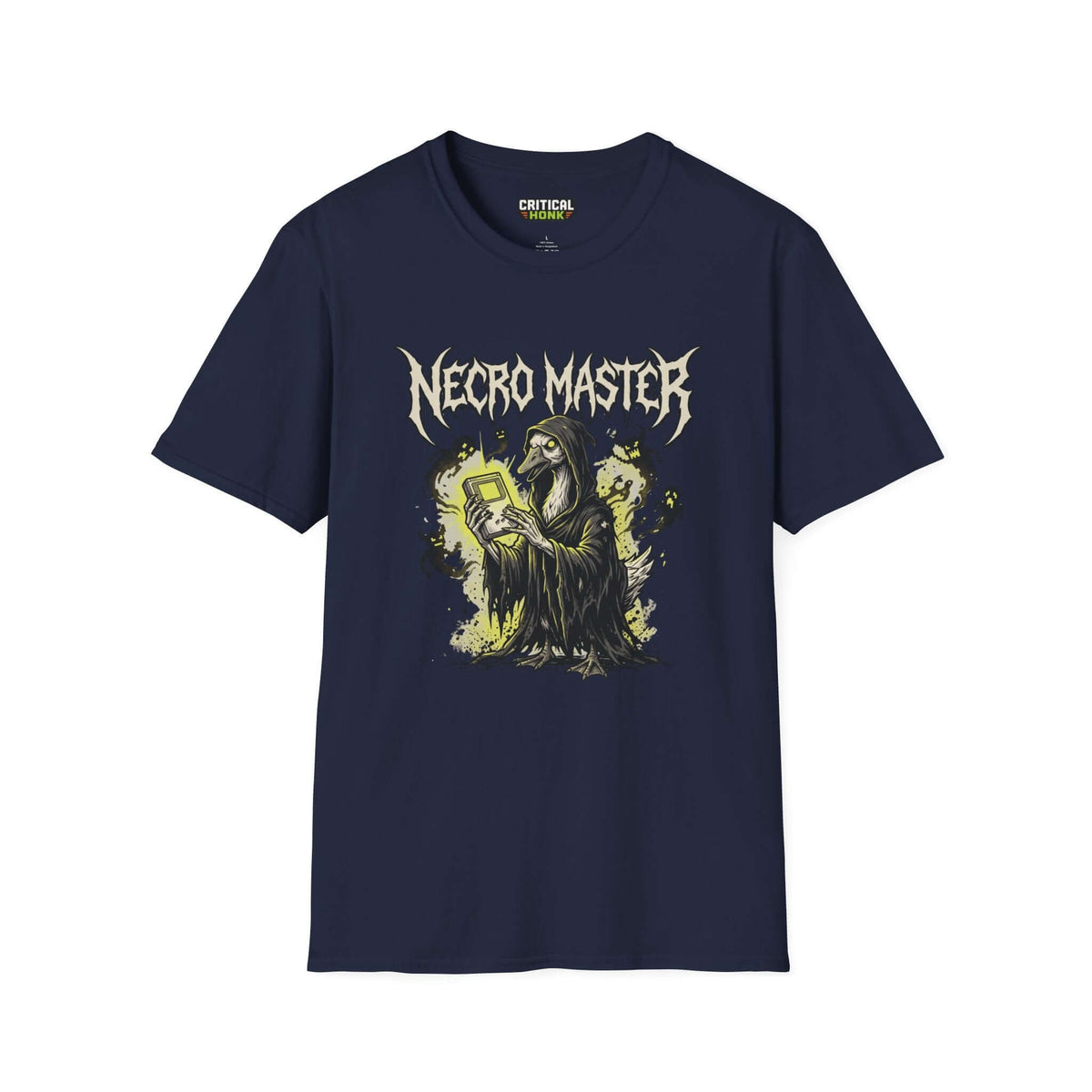 Necro master T-Shirt in navy, featuring a haunting graphic print, made of 100% ring-spun cotton, soft unisex fit.