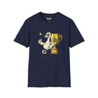 Ggez T-Shirt navy blue, unisex fit, featuring a cartoon duck and trophy design, part of Critical Honk Chaos Inspired Apparel.