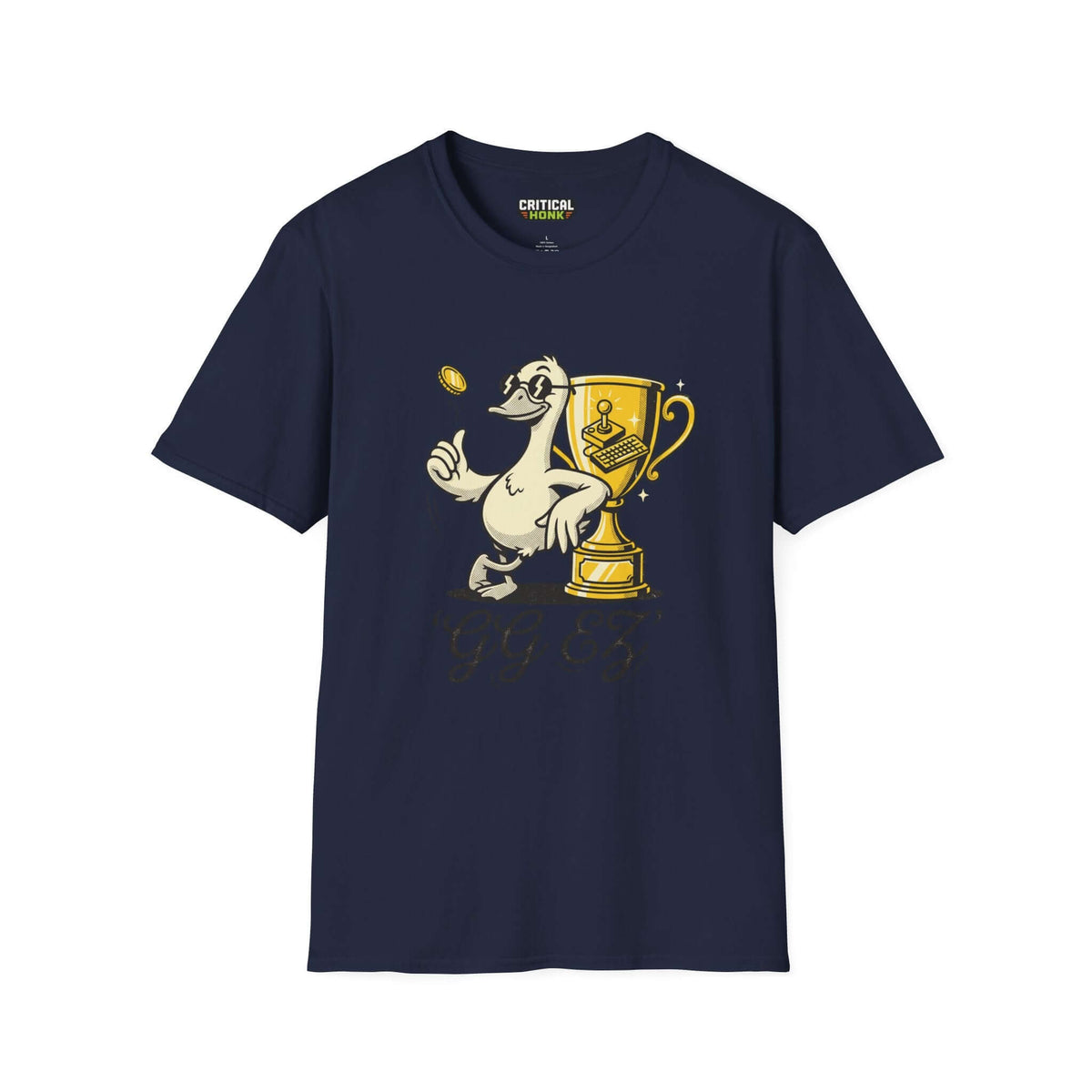 Ggez T-Shirt navy blue, unisex fit, featuring a cartoon duck and trophy design, part of Critical Honk Chaos Inspired Apparel.