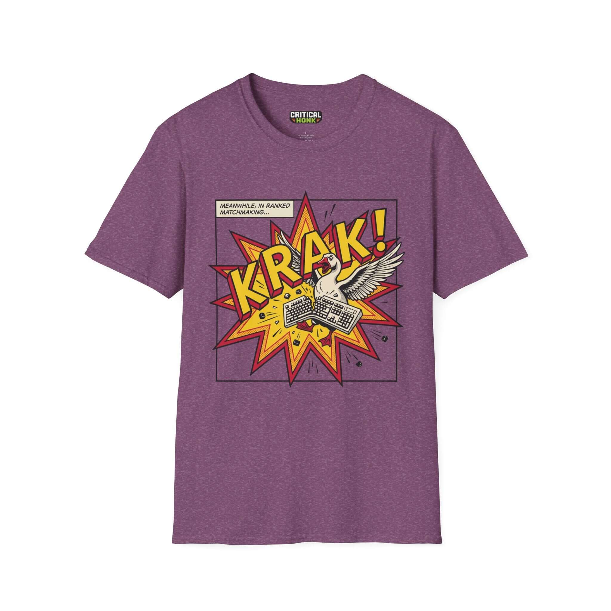 Krak T-Shirt in Heather Maroon with comic-style design featuring a bird and explosion, soft 100% ring-spun cotton fabric.
