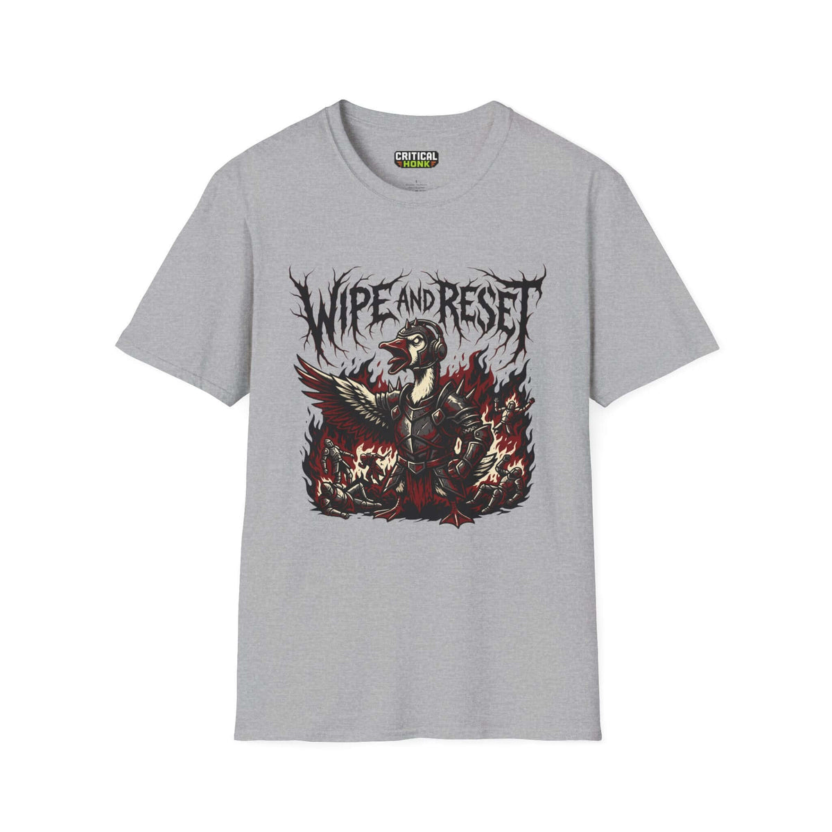 Wipe and reset T-Shirt in Sport Grey featuring a vibrant design with a heroic duck and flames, part of Critical Honk Collection.