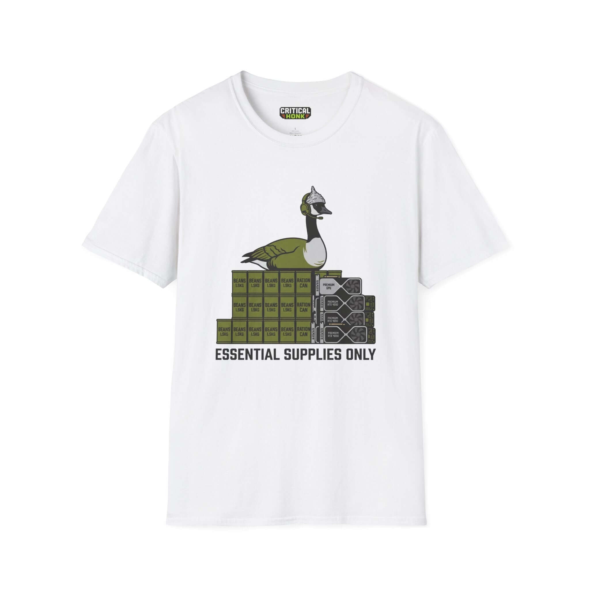 Essential supplies T-Shirt featuring a duck graphic on a white Gildan Softstyle shirt.