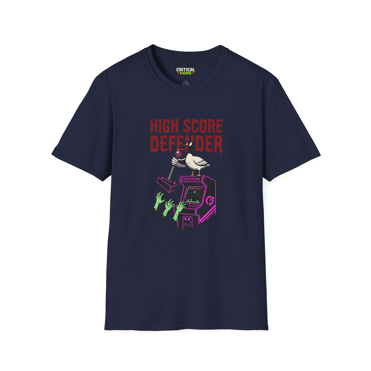 High score T-Shirt featuring arcade graphics on a navy Gildan Softstyle tee from the Critical Honk Collection.