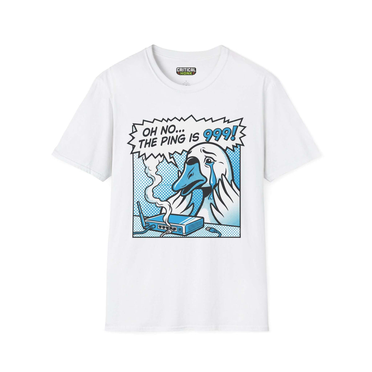 Ping 999 T-Shirt featuring a cartoon duck upset about high ping on a white Gildan Softstyle fabric.