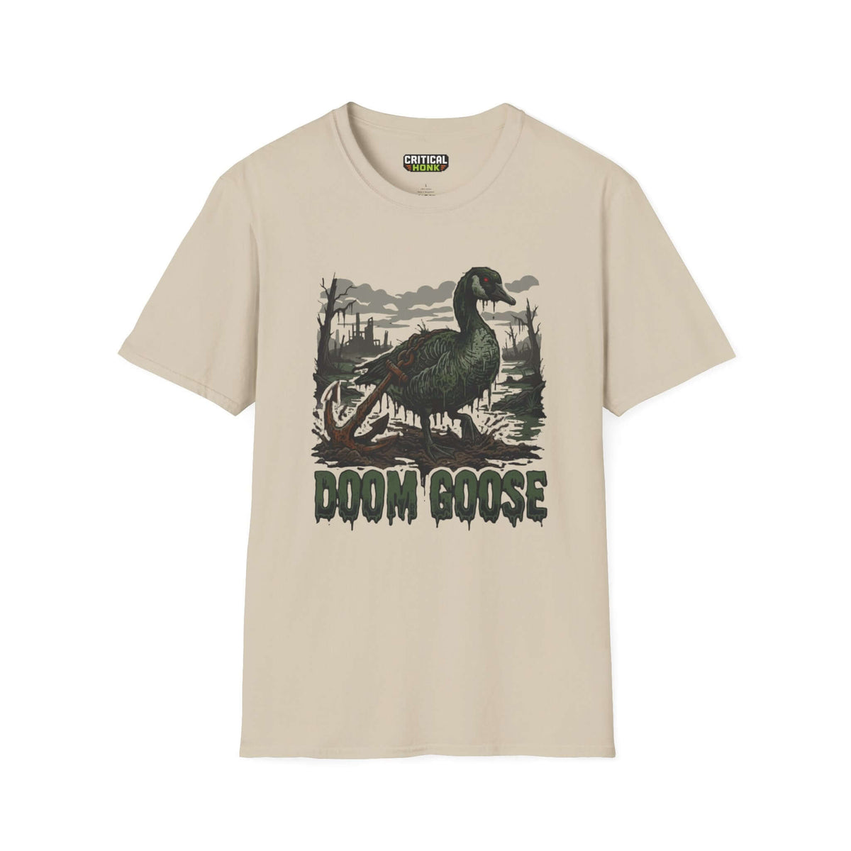 Doom goose T-Shirt in sand color featuring a graphic of a goose in a chaotic landscape. Made of 100% ring-spun cotton.