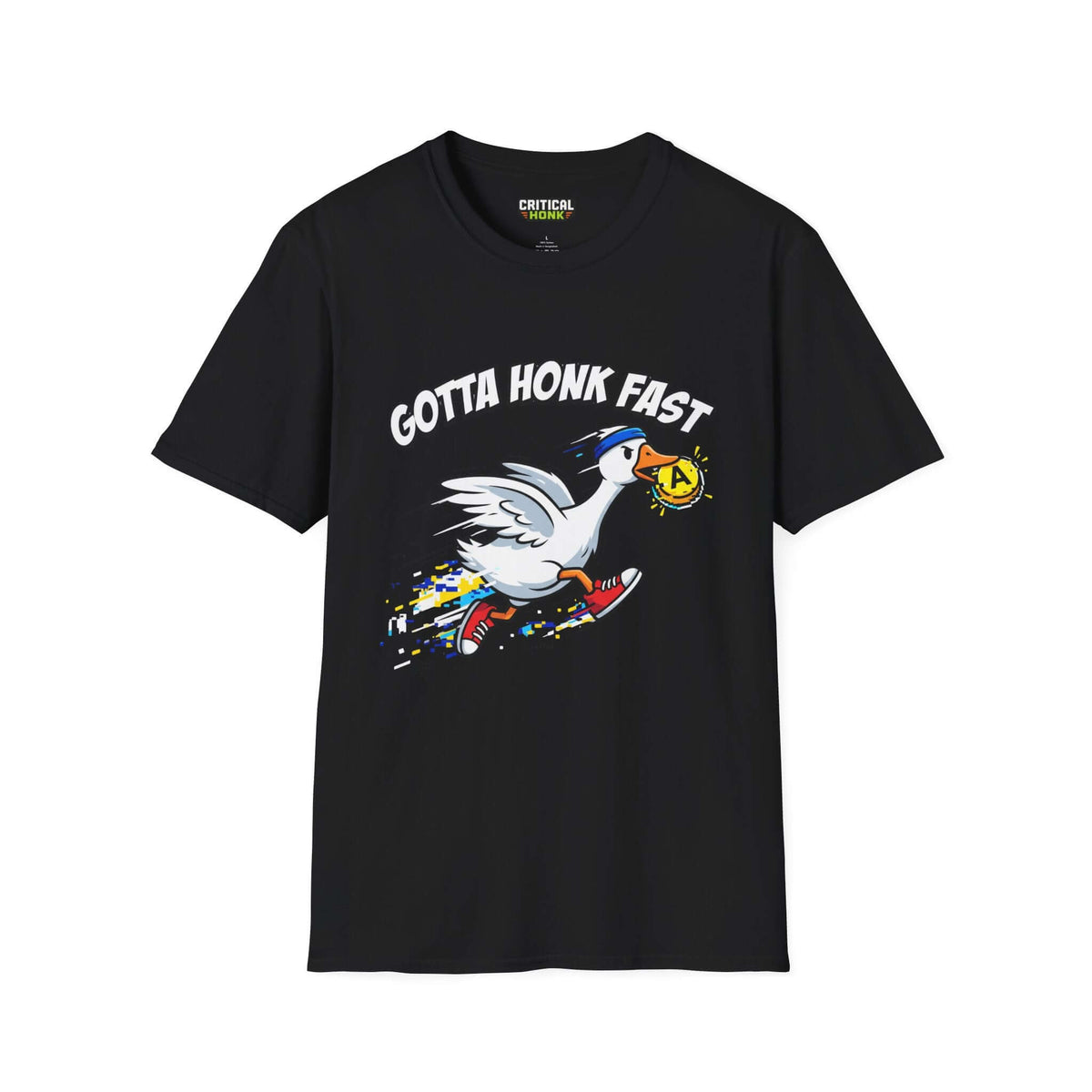 Gotta-honk-fast T-Shirt featuring a racing duck graphic on a black Gildan Softstyle fabric.