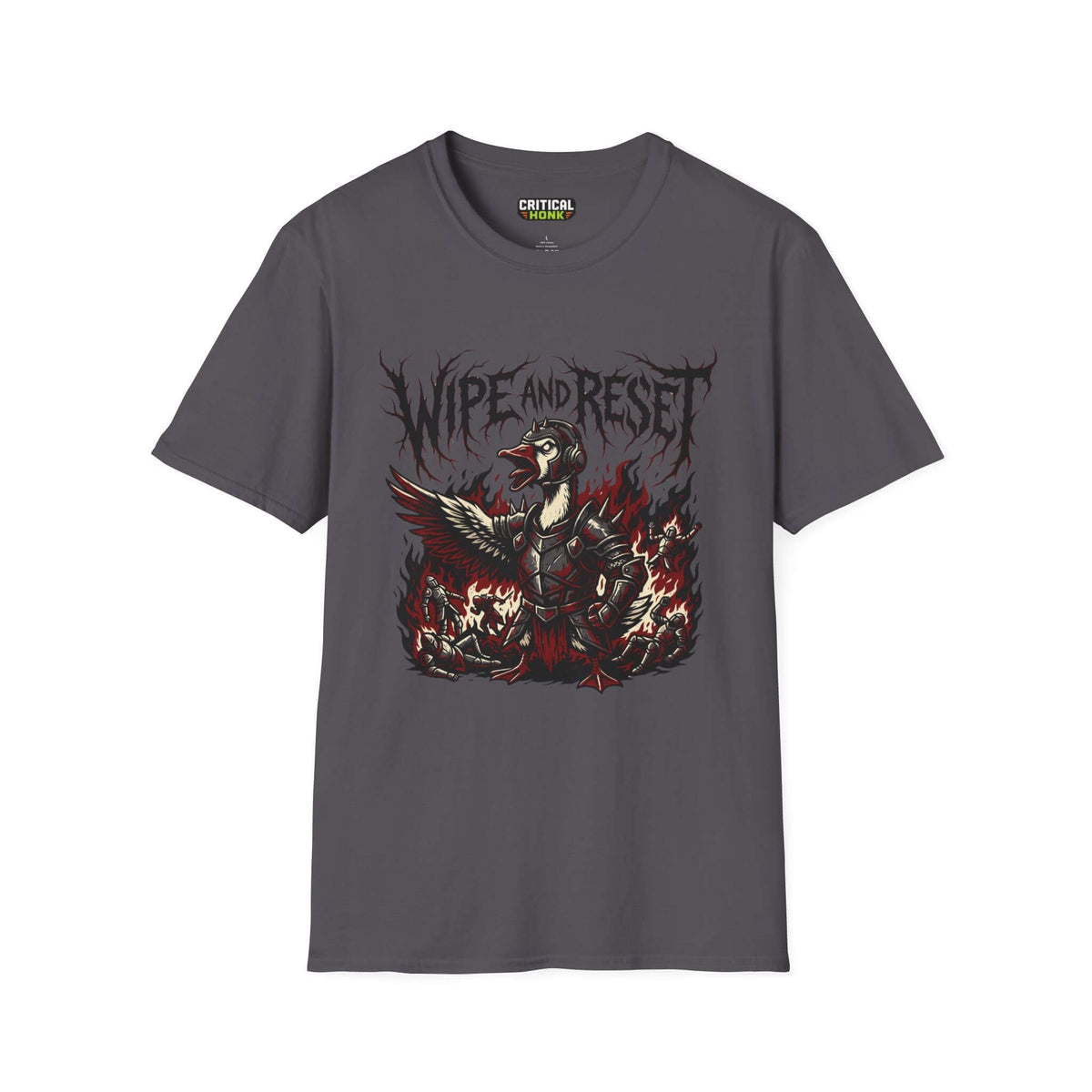 Wipe and reset T-Shirt in charcoal with a humorous graphic design by Critical Honk, unisex fit, made in the USA.