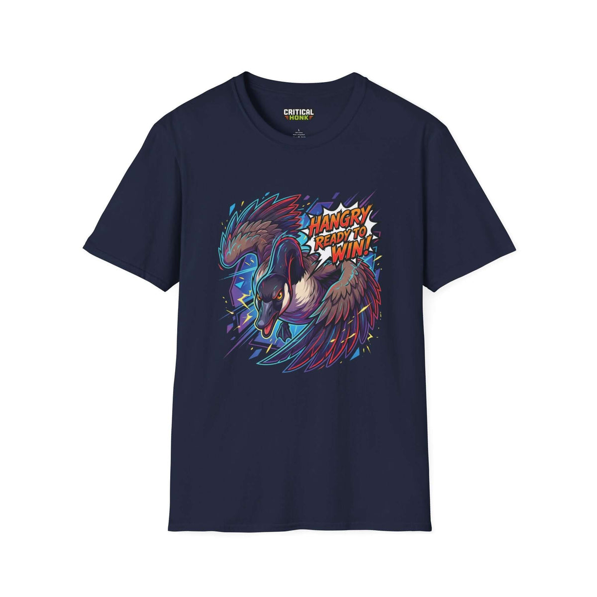Hangry to win T-Shirt featuring a colorful graphic on a navy Gildan Softstyle tee.