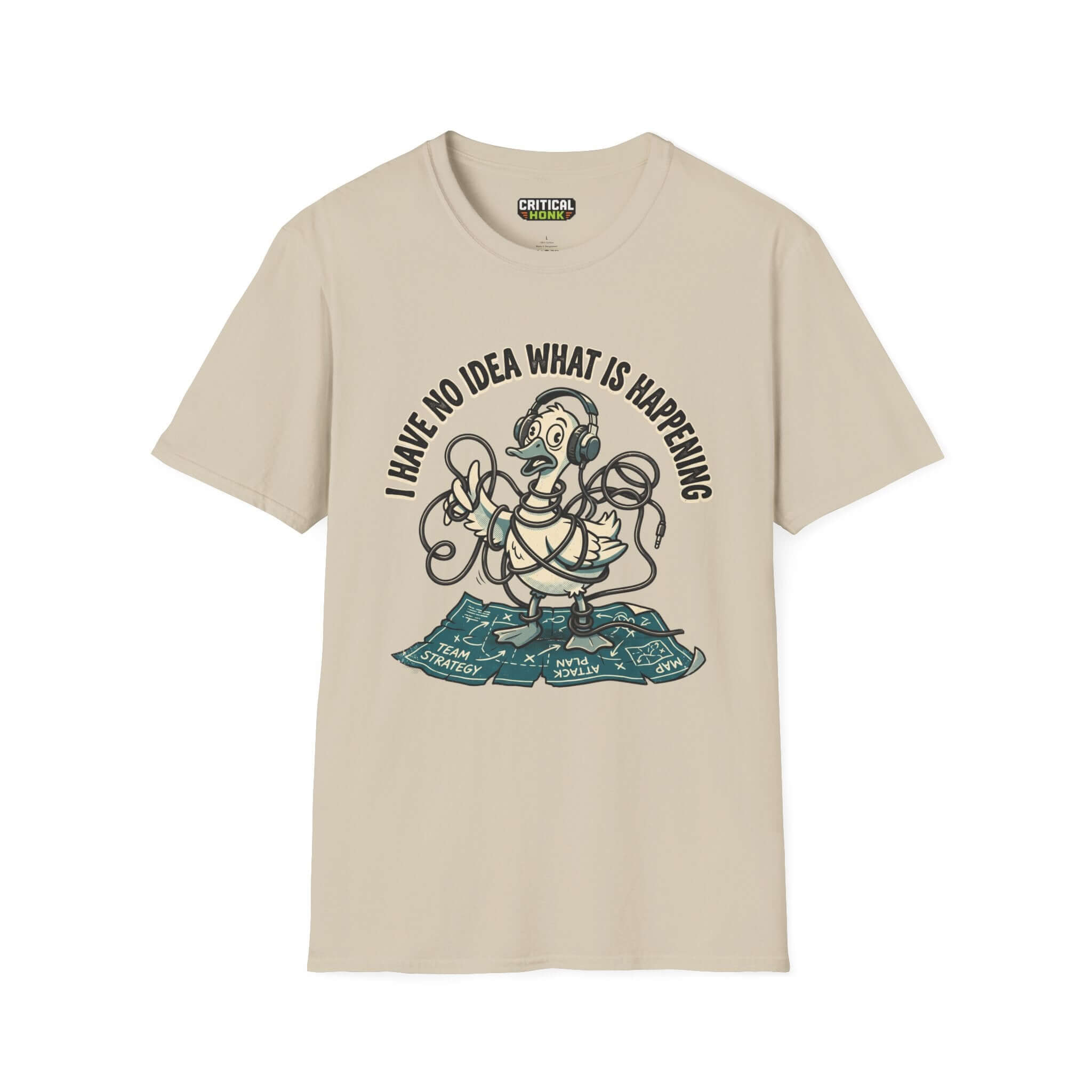 No idea what is happening T-Shirt in sand color featuring a duck character on strategy maps.