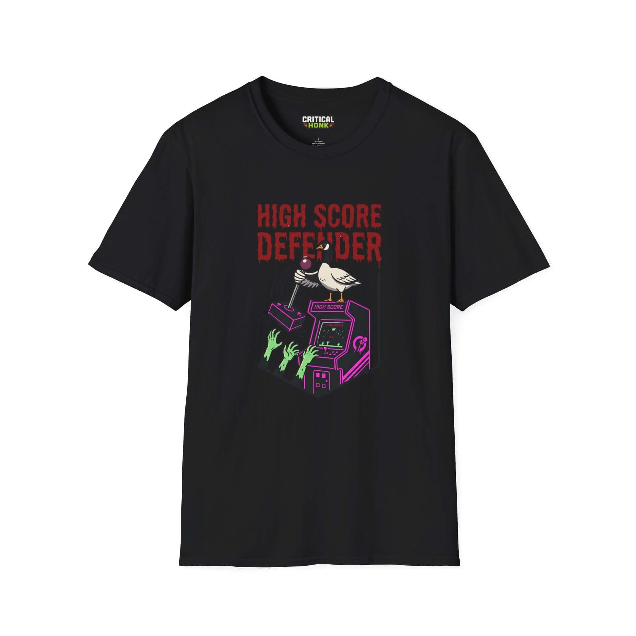High score T-Shirt in black featuring vibrant arcade-themed artwork with a bird and zombie hands.