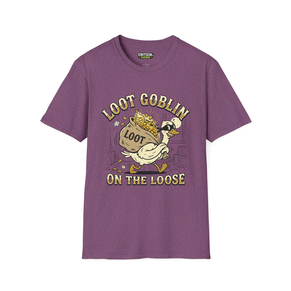 Loot Goblin T-Shirt in Heather Maroon featuring a playful design with a goblin and loot bag.