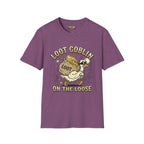Loot Goblin T-Shirt in Heather Maroon featuring a playful design with a goblin and loot bag.