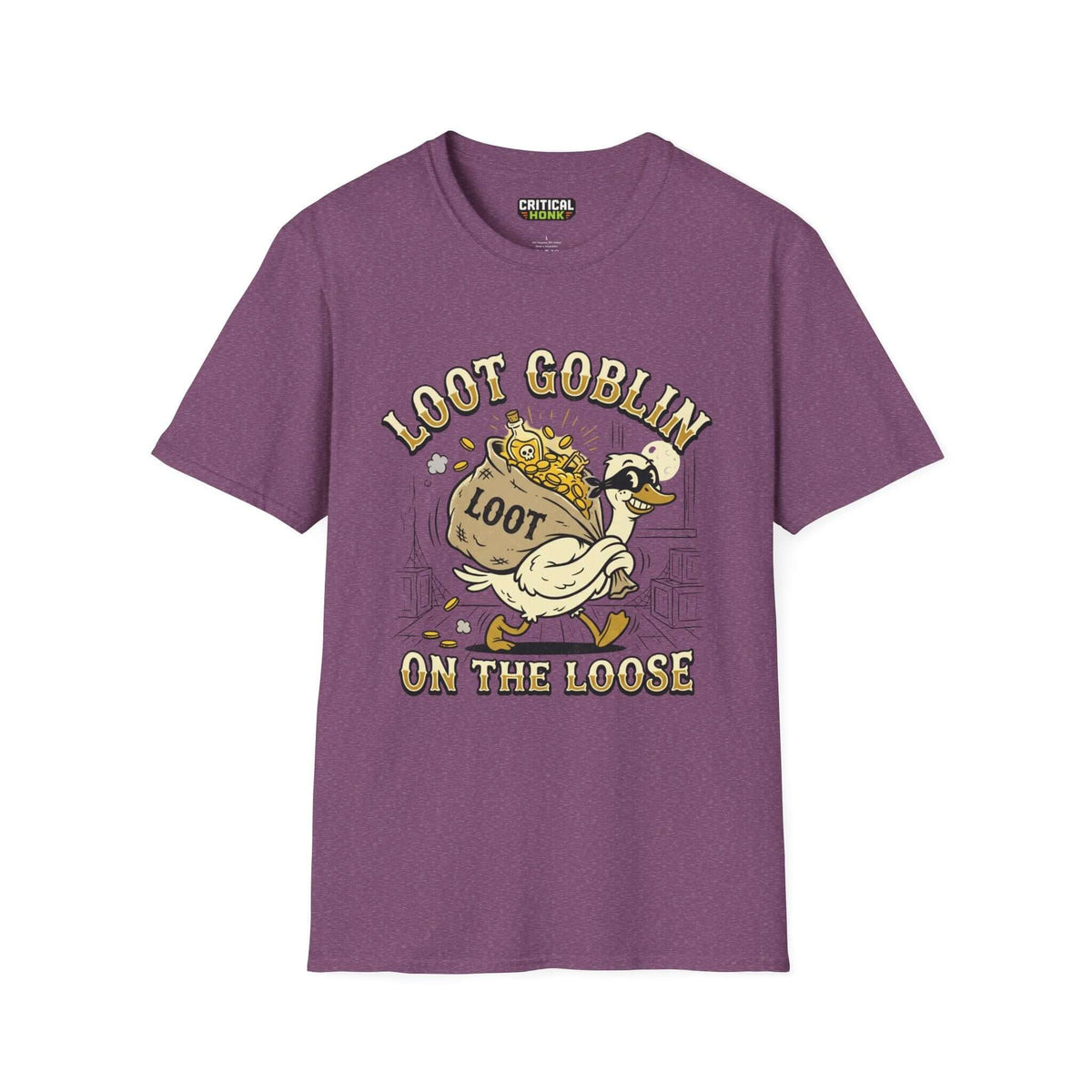 Loot Goblin T-Shirt in Heather Maroon featuring a playful design with a goblin and loot bag.