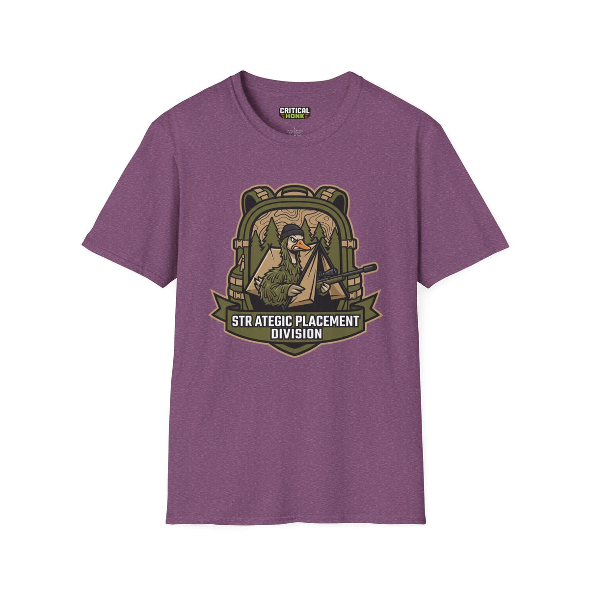Strategic division T-Shirt in Heather Maroon color with 'STRATEGIC PLACEMENT DIVISION' graphic design.