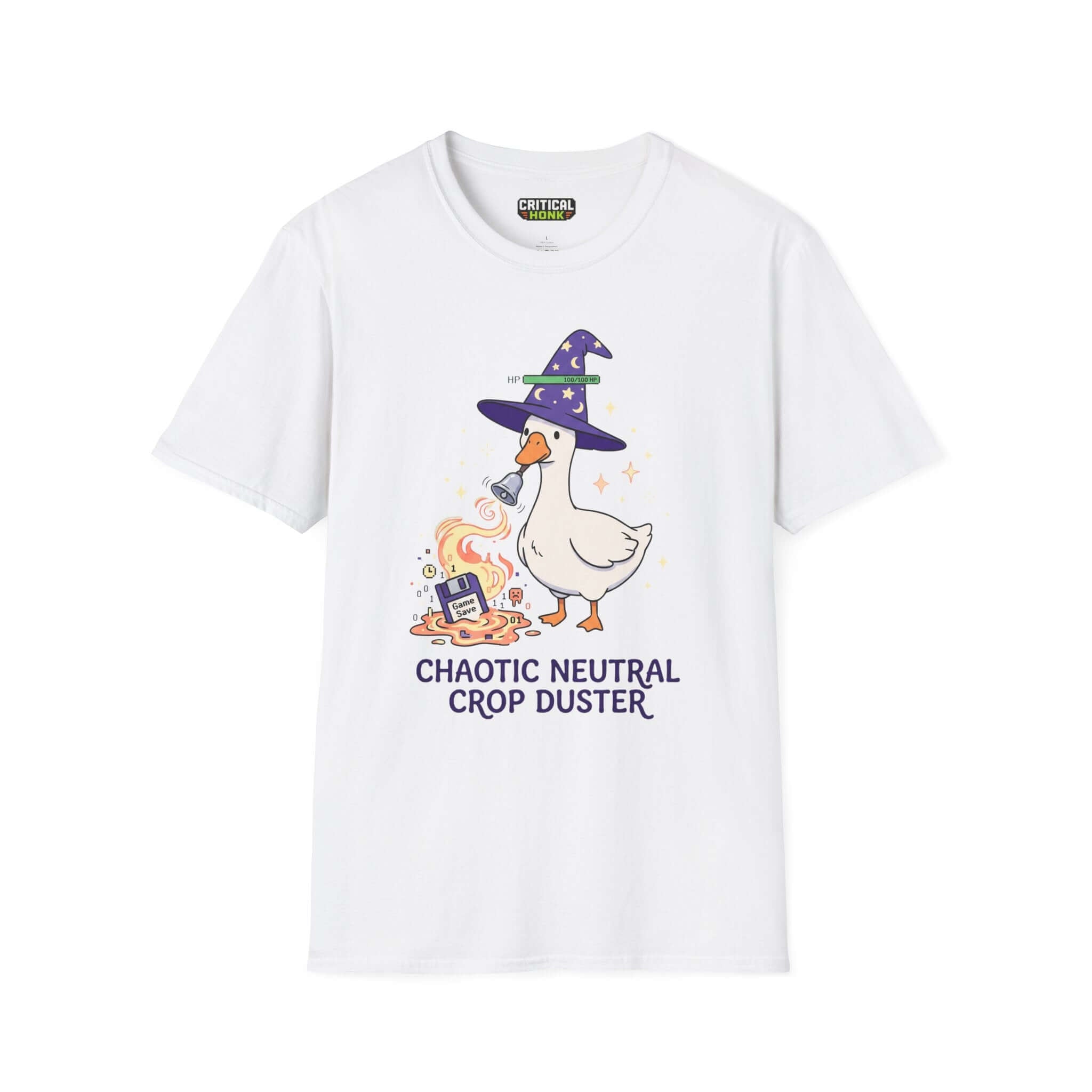 Caotic neutral T-Shirt featuring a whimsical goose in a wizard hat on a white fabric.
