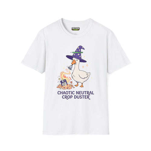 Caotic neutral T-Shirt featuring a whimsical goose in a wizard hat on a white fabric.