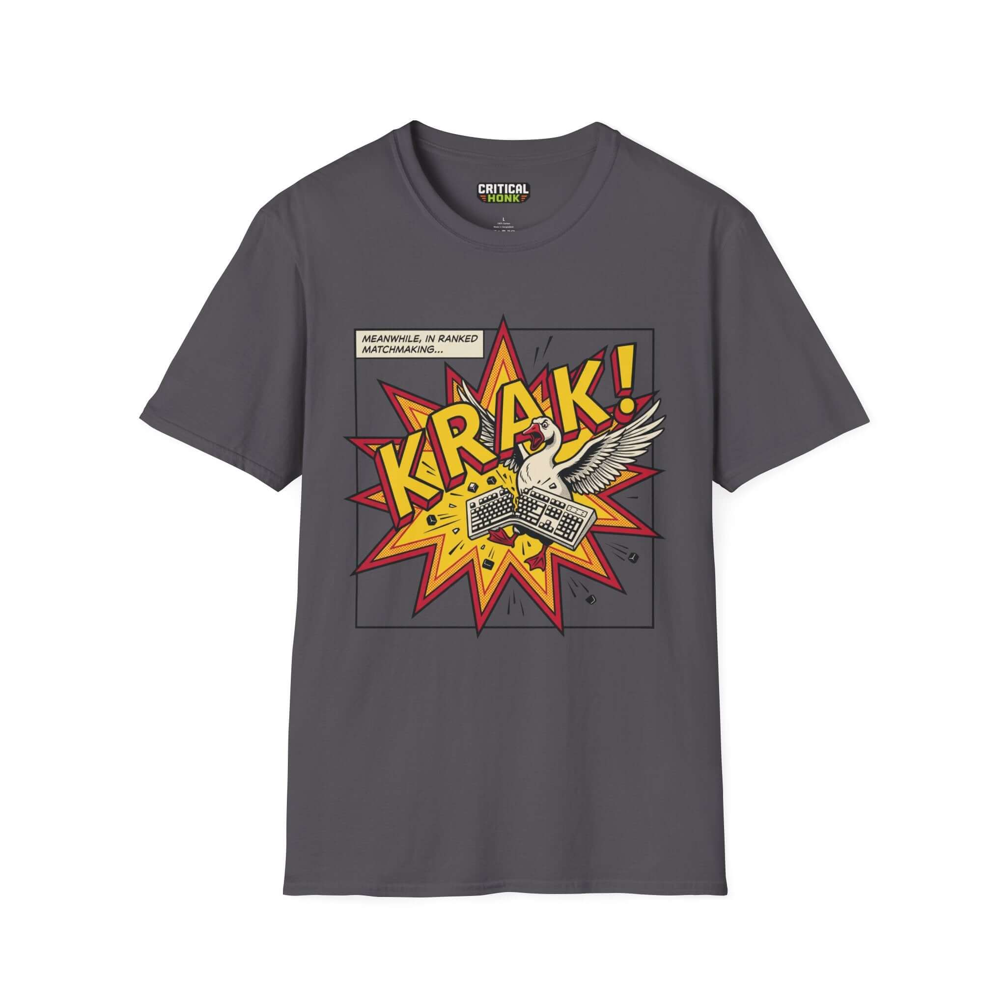 Krak T-Shirt in charcoal with comic-style graphic featuring a honking swan and a keyboard, part of the Critical Honk Collection.