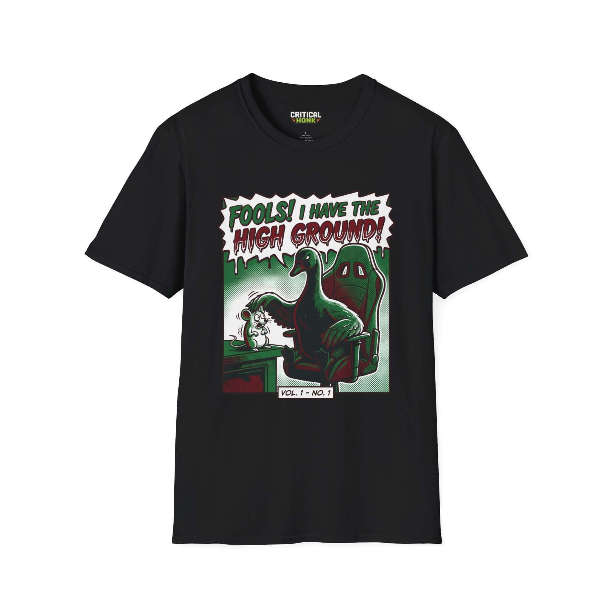 High ground T-Shirt featuring a humorous design on a black Gildan Softstyle ® 64000 unisex tee.
