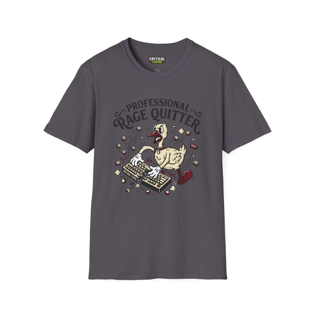 Professional rage quitter T-Shirt in charcoal, featuring a fun design of a duck with a keyboard.