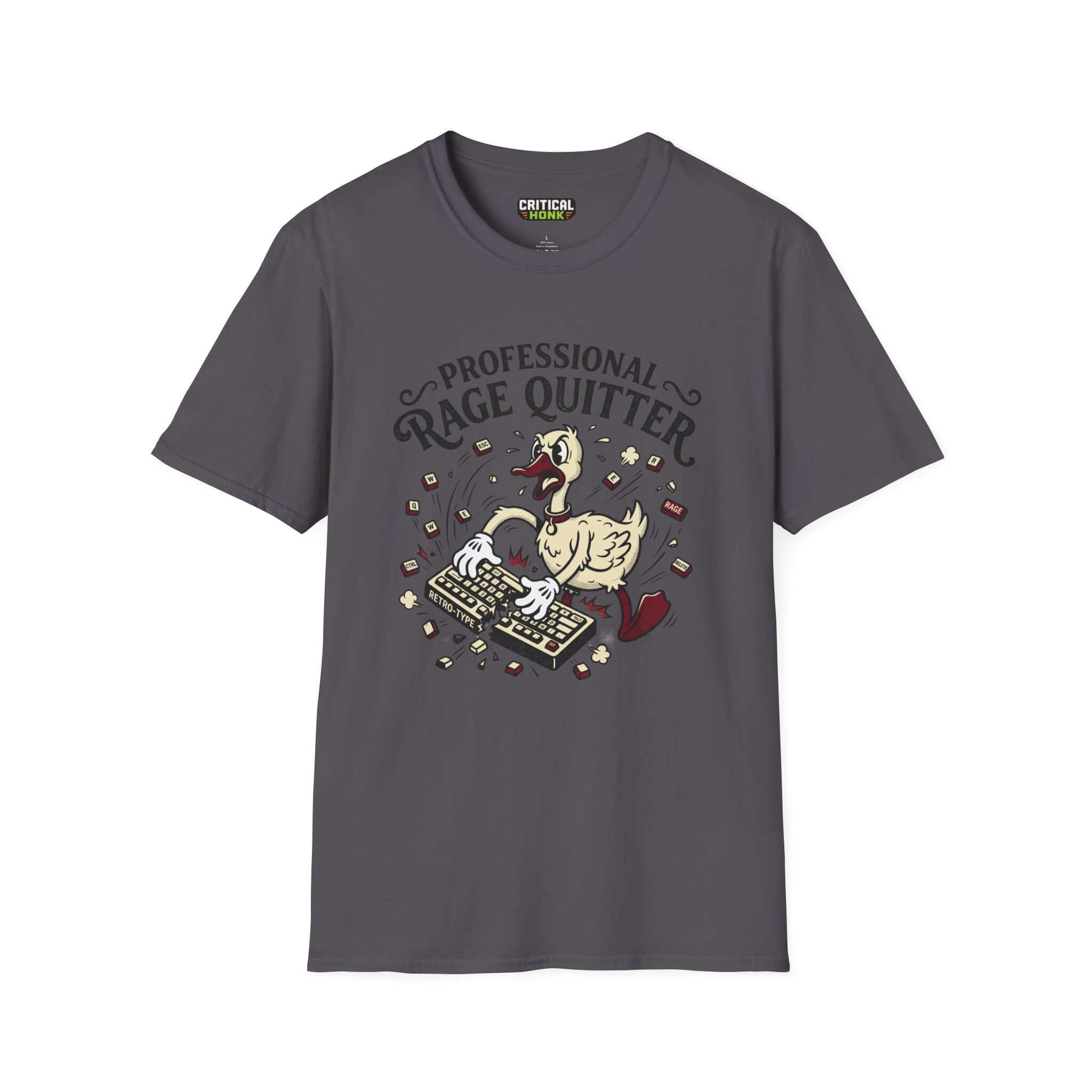 Professional rage quitter T-Shirt in charcoal, featuring a fun design of a duck with a keyboard.