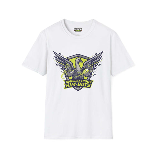 Ambidextrous goose T-Shirt featuring a graphic design of a goose with gaming controllers on a white background.