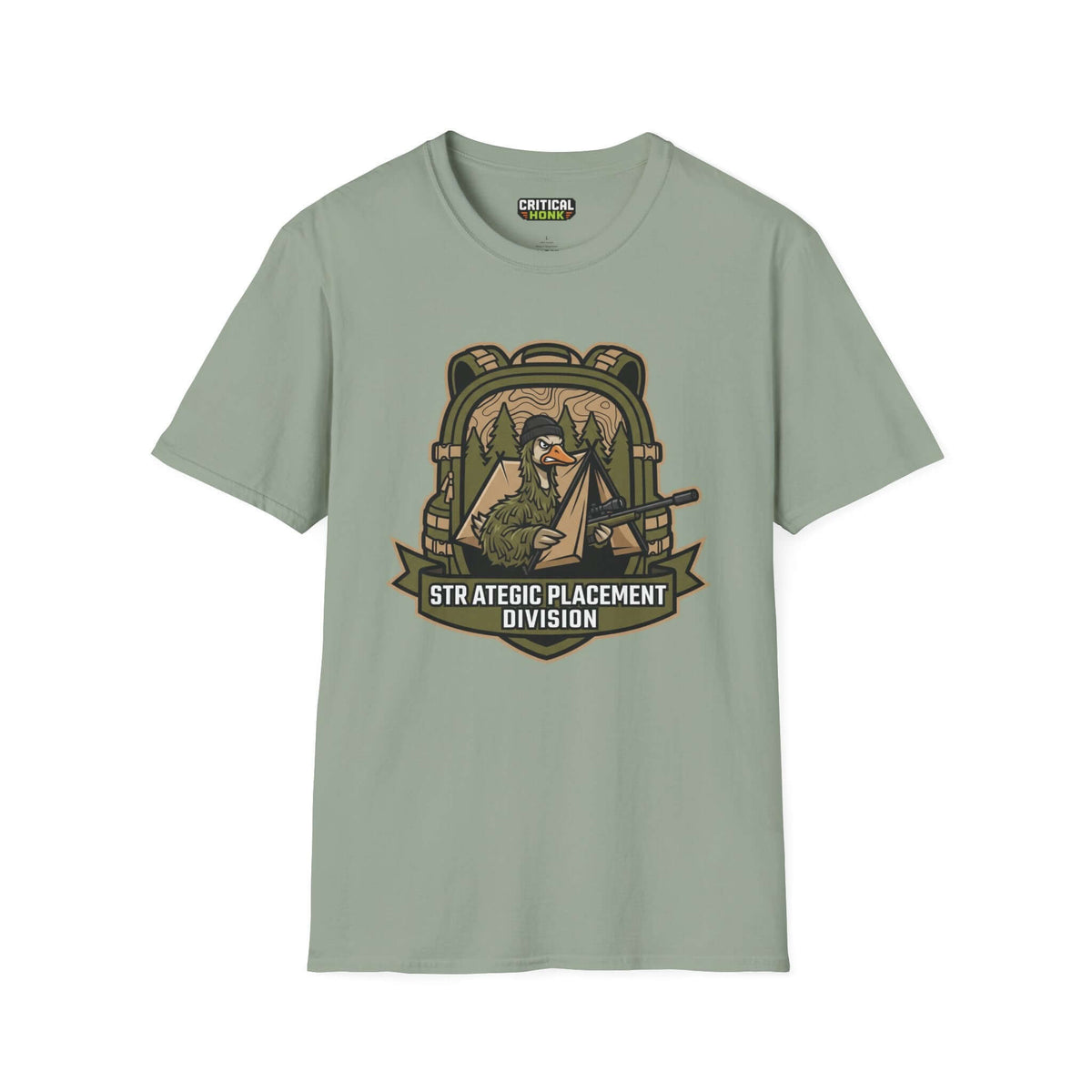 Strategic division T-Shirt in sage color featuring a unique design with duck and mountains.