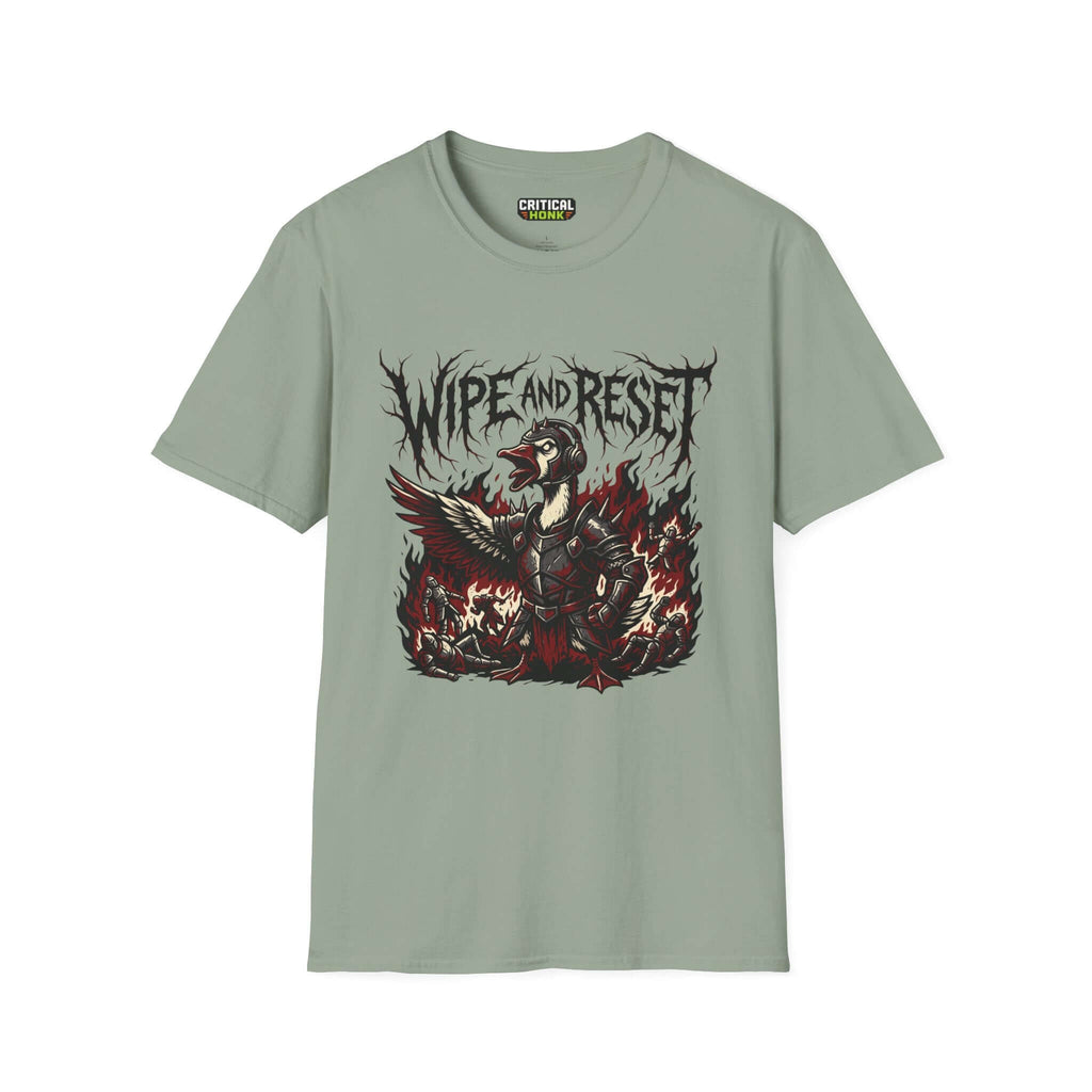 Wipe and reset T-Shirt featuring a colorful design on a sage green unisex cotton tee from the Critical Honk Collection.